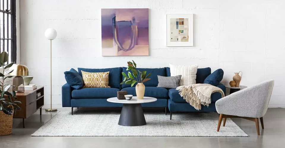 chic blue couch in modern living room